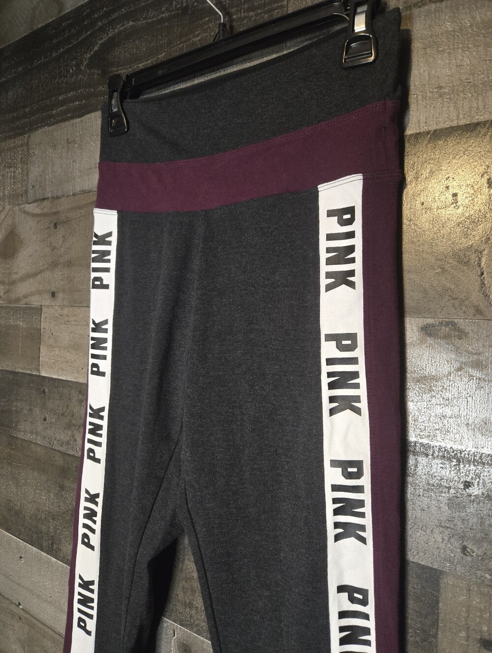 PINK Victoria's Secret Gray & Burgundy Logo-Strip Leggings - Picture 2 of 6